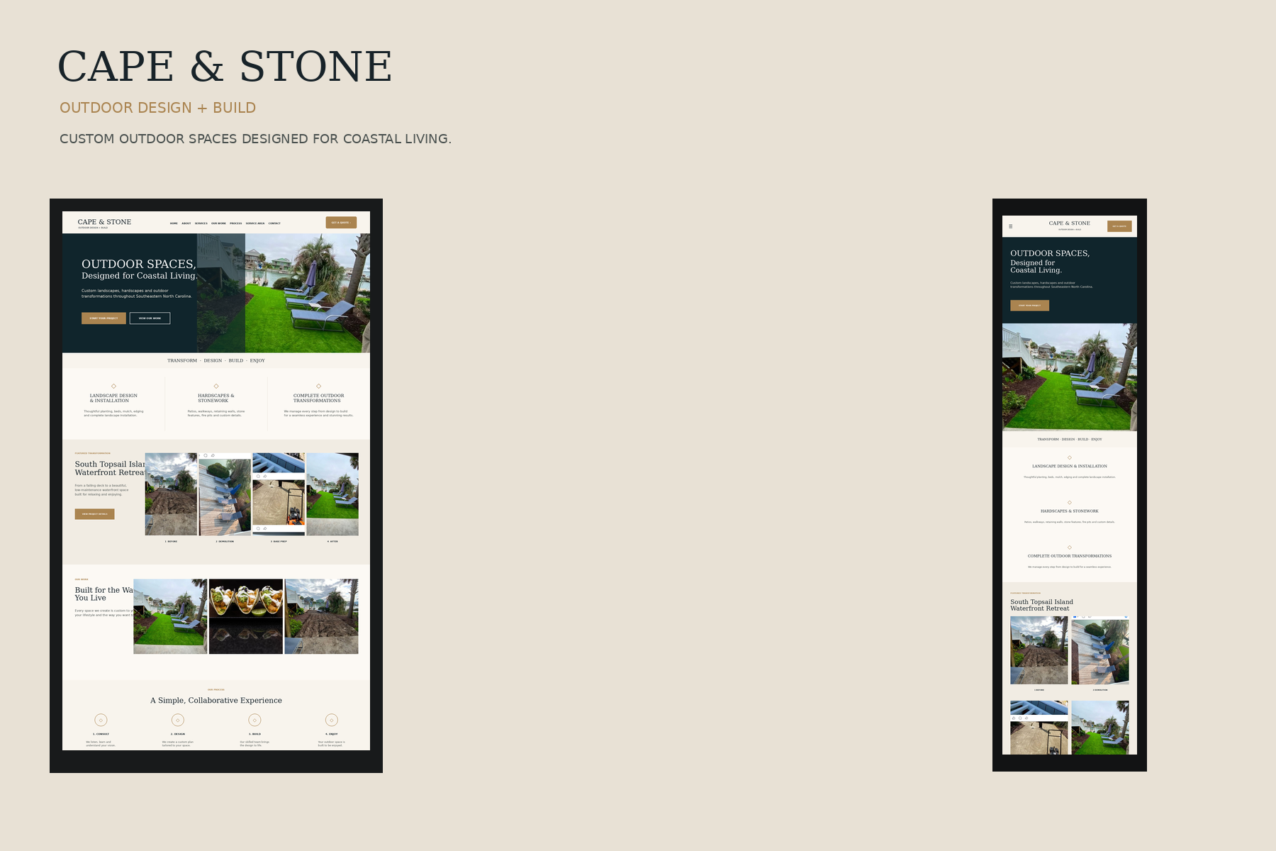 Cape & Stone concept build presentation showing desktop and mobile layouts side by side