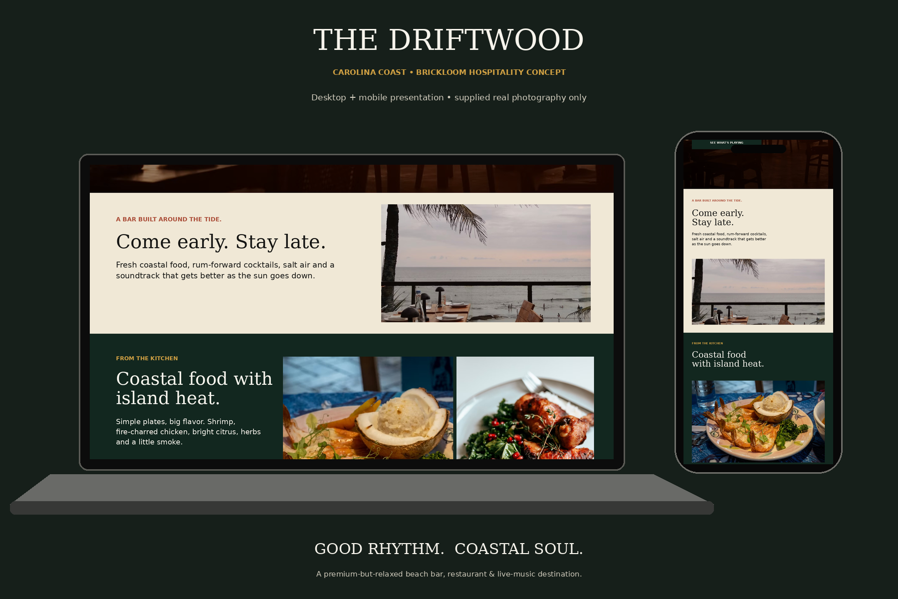 The Driftwood concept build presentation showing desktop and mobile layouts side by side