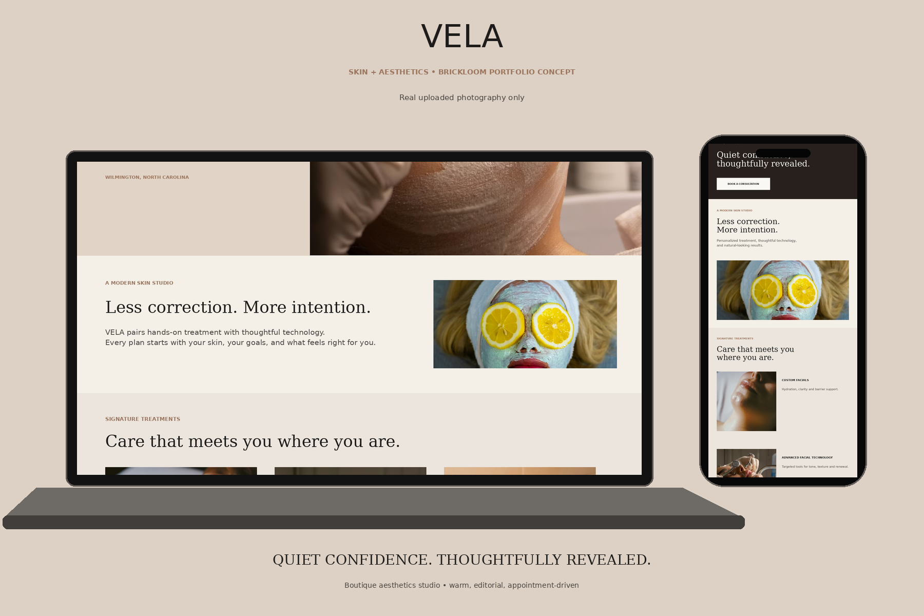 Vela concept build presentation showing desktop and mobile layouts side by side